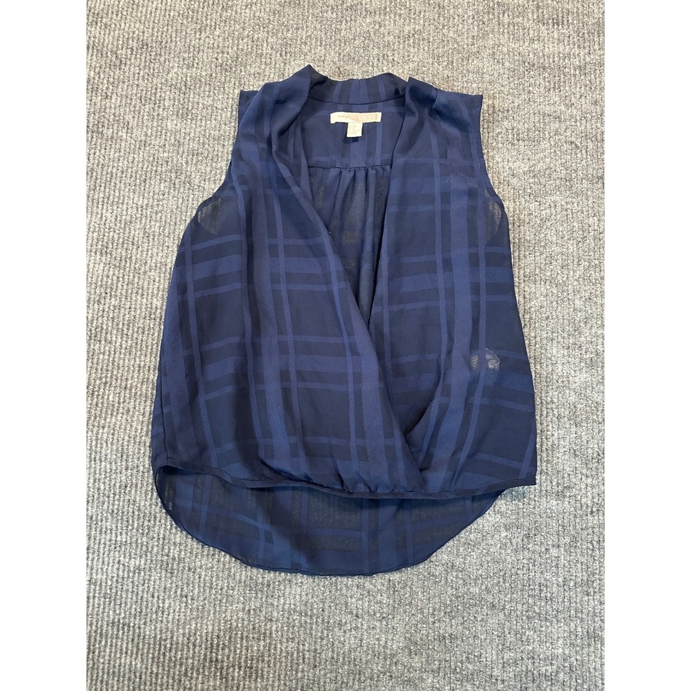 Forever 21 Contemporary Plaid Surplice Blouse Small Navy Blue Sheer Sleeveless
